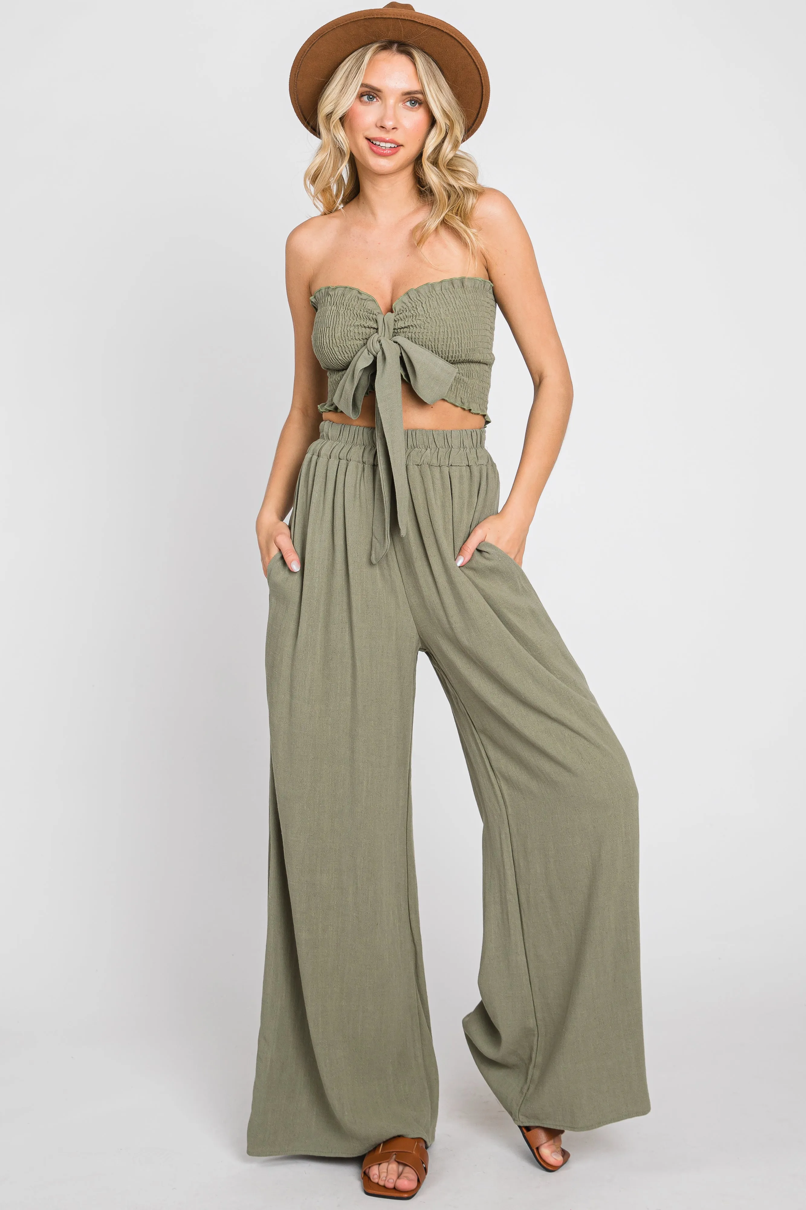 Olive Front Tie Crop Top and Pant Set sold by Pinkblush