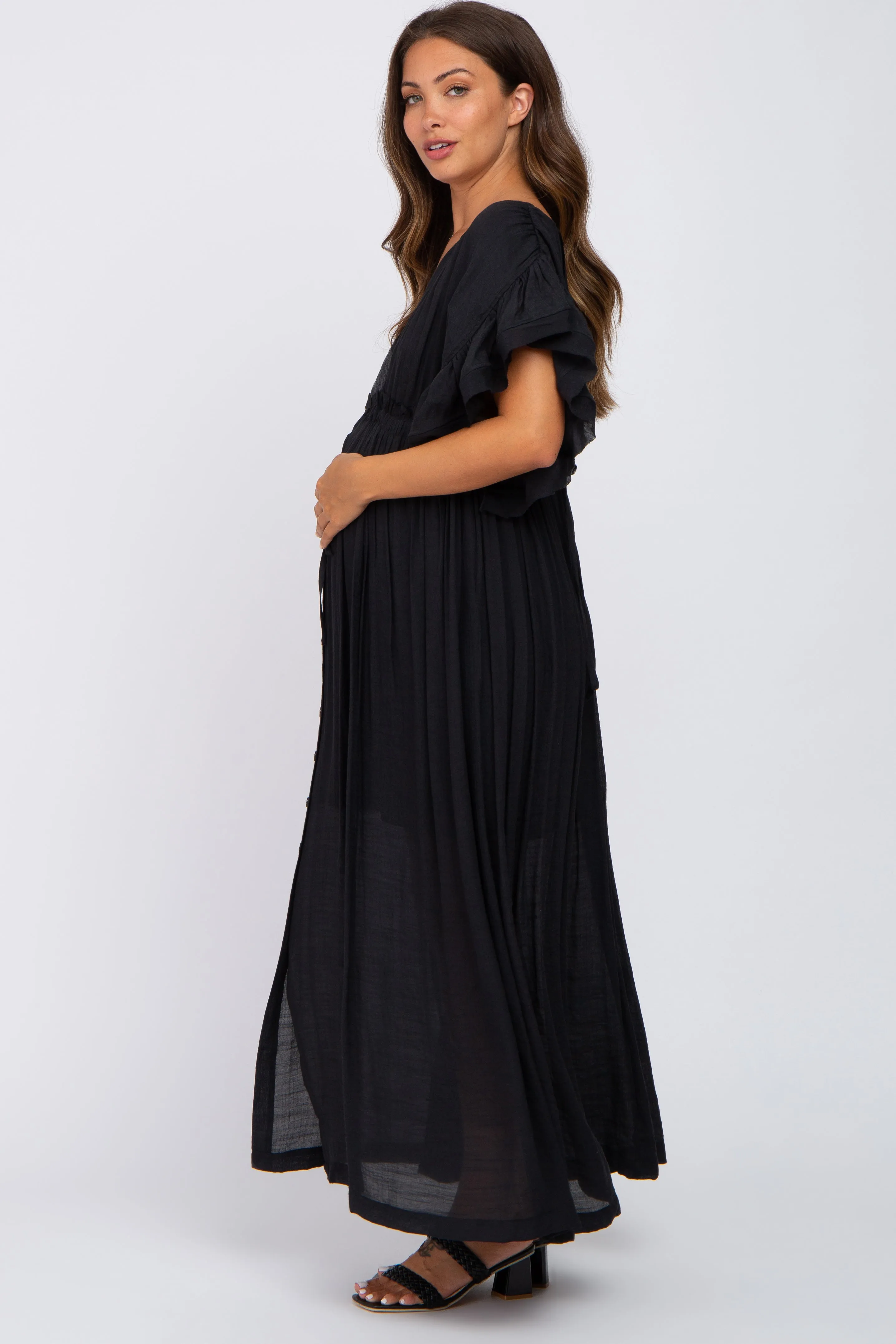 Black Deep V-Neck Button Down Maternity Maxi Dress sold by Pinkblush product image thumbnail 2