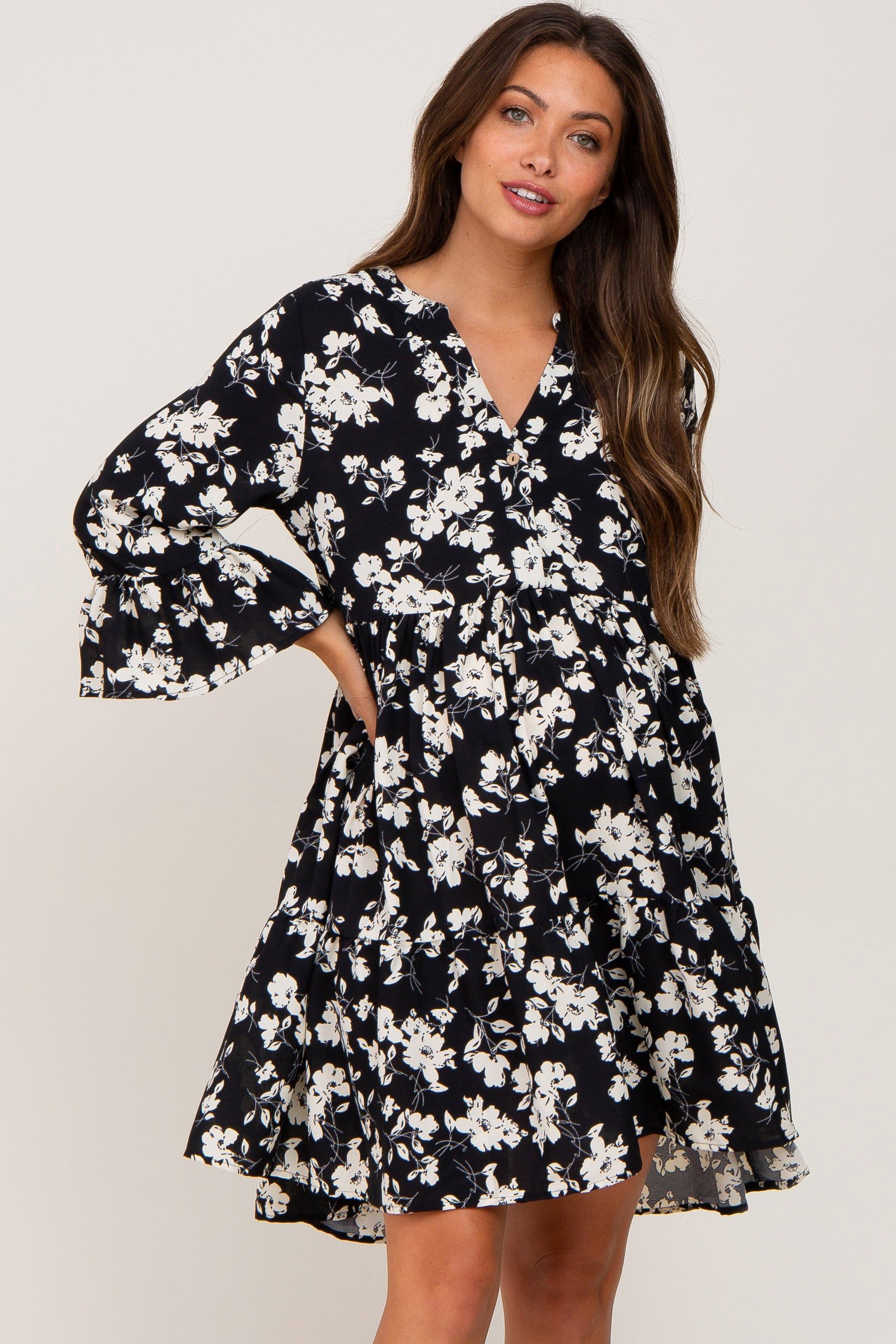 Black Floral Button Front Bell Sleeve Maternity Dress sold by Pinkblush