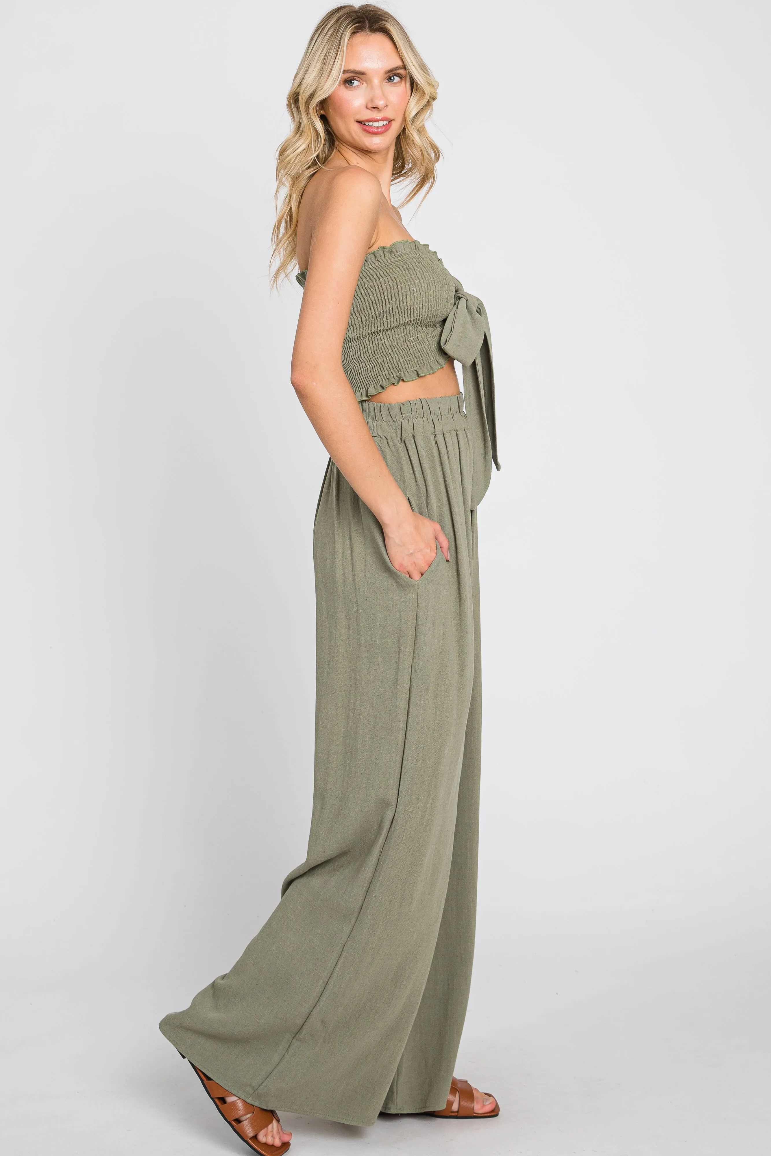 Olive Front Tie Crop Top and Pant Set sold by Pinkblush product image thumbnail 2