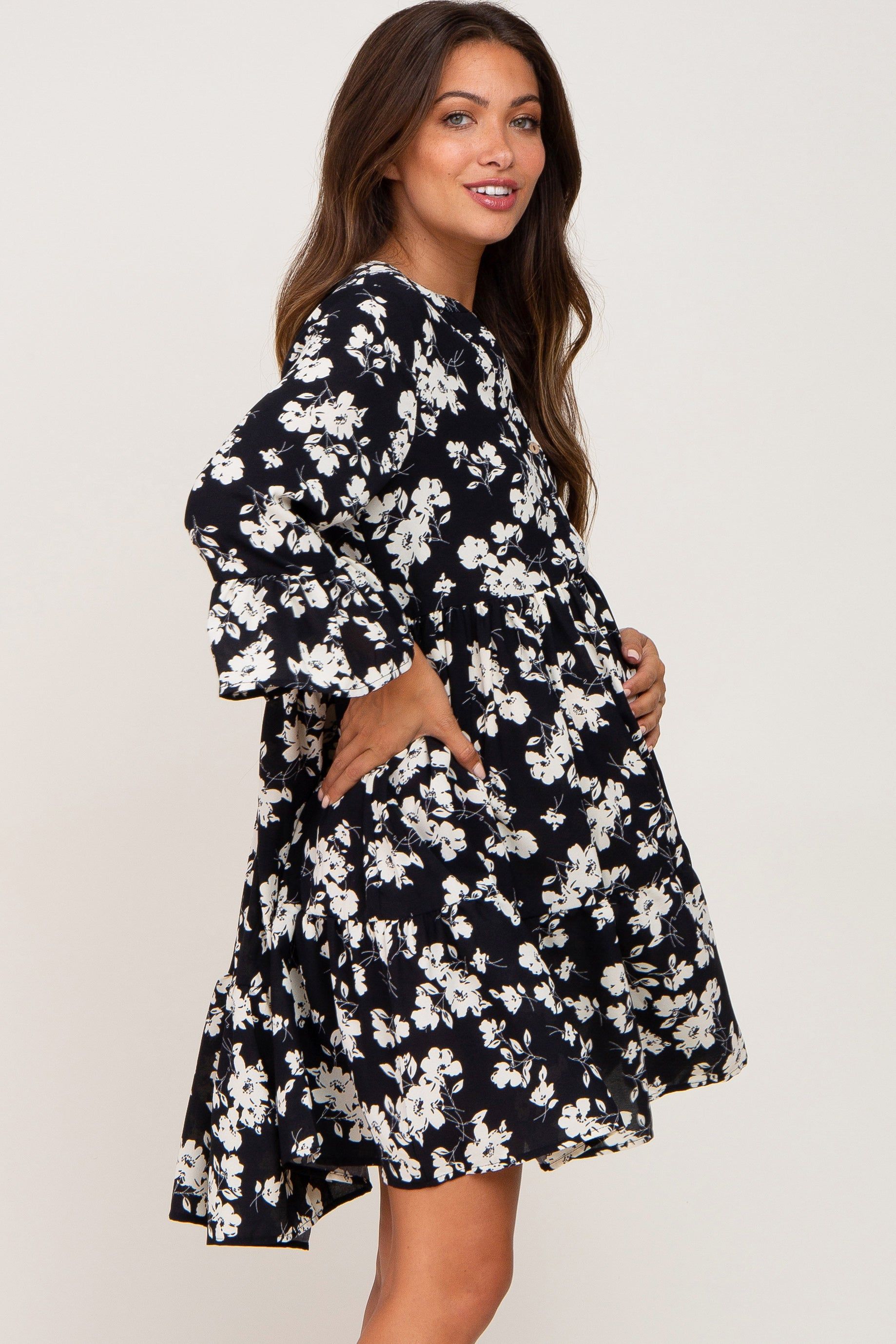 Black Floral Button Front Bell Sleeve Maternity Dress sold by Pinkblush product image thumbnail 2