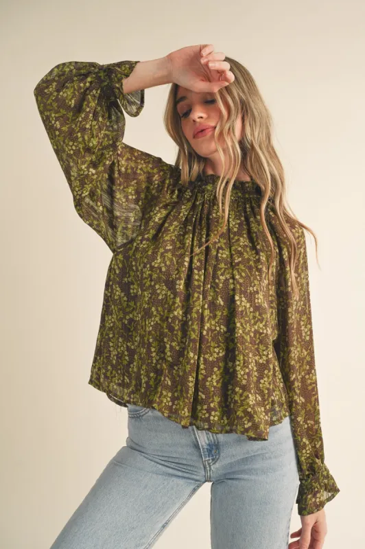 Brown Sage Lime Floral Balloon Sleeve Top sold by Pinkblush
