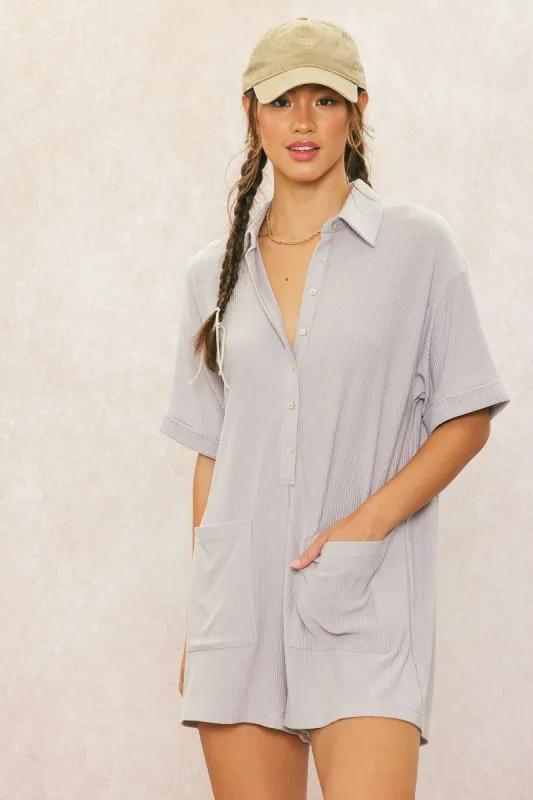Grey Ribbed Button Down Romper sold by Pinkblush