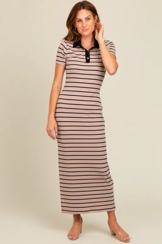 Mocha Striped Collared Side Slit Maxi Dress sold by Pinkblush