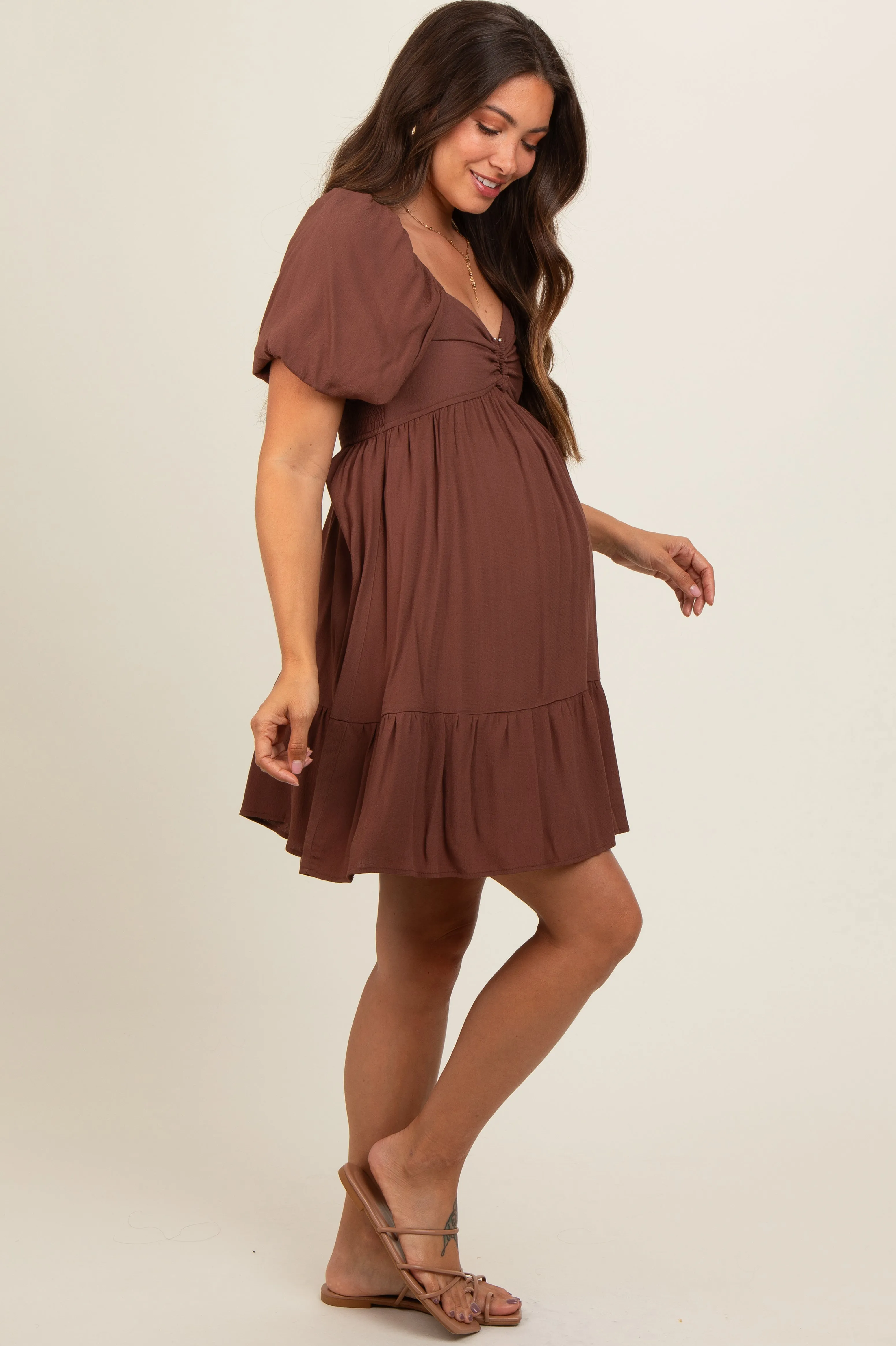 Brown U Notched Bubble Short Sleeve Maternity Dress sold by Pinkblush product image thumbnail 3