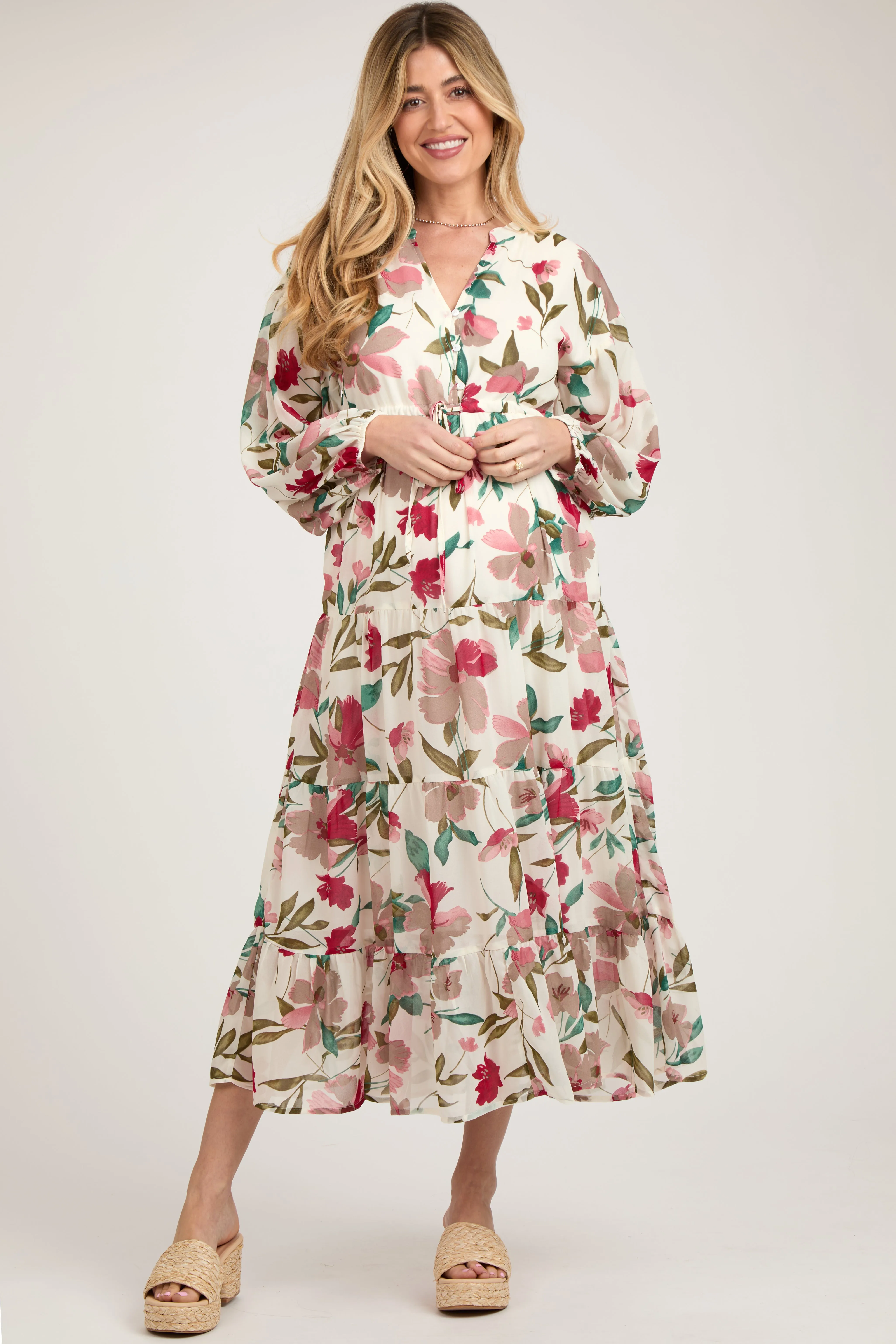 Ivory Floral Button Front Waist Tie Maternity Midi Dress sold by Pinkblush product image thumbnail 2