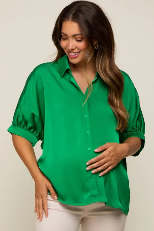 Green Satin Button Up Maternity Top sold by Pinkblush
