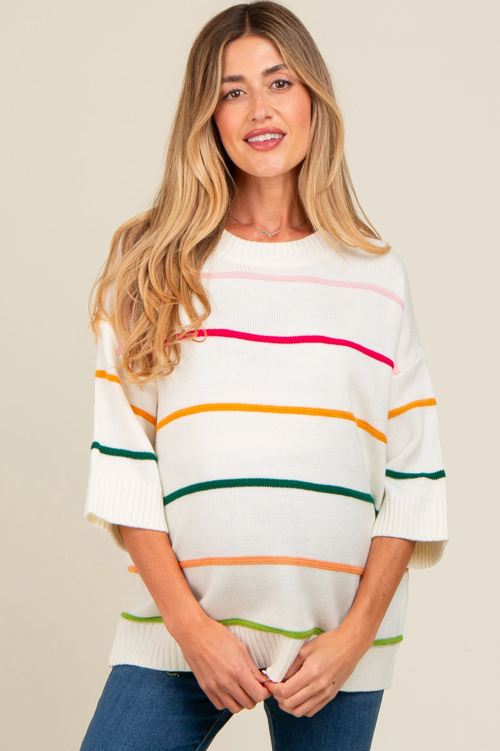 Ivory Multicolor Stripe Maternity Sweater Top sold by Pinkblush