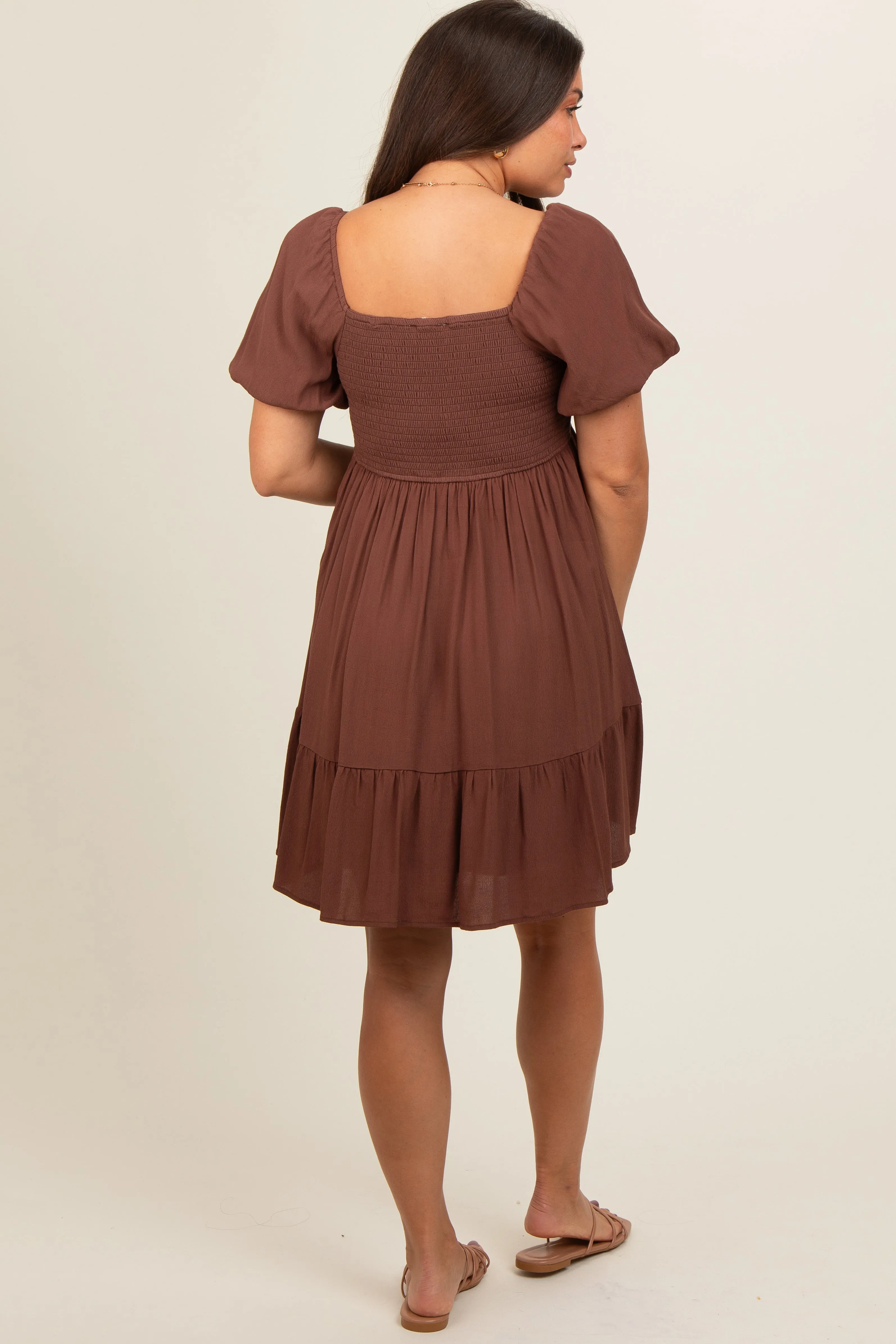 Brown U Notched Bubble Short Sleeve Maternity Dress sold by Pinkblush product image thumbnail 4