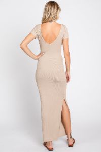 Beige Basic Ribbed Side Slit Midi Dress sold by Pinkblush