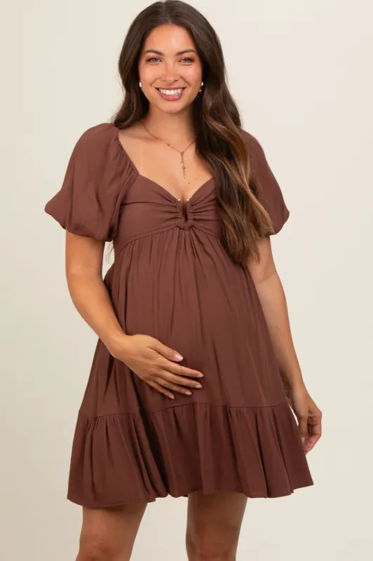 Brown U Notched Bubble Short Sleeve Maternity Dress sold by Pinkblush