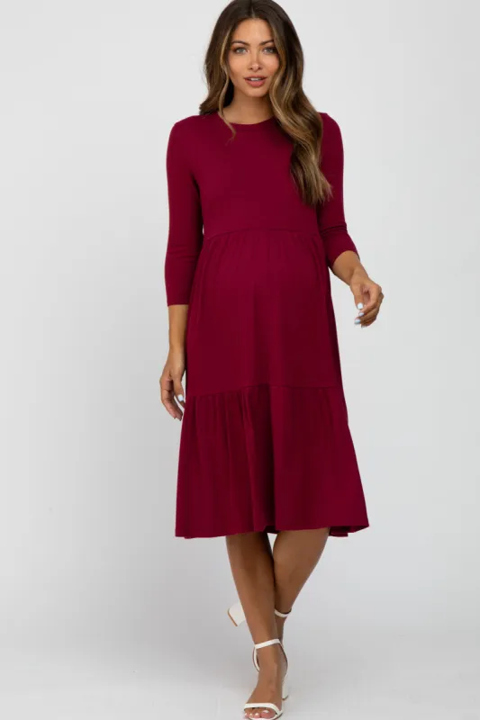 Burgundy Tiered Ribbed 3/4 Sleeve Maternity Midi Dress sold by Pinkblush