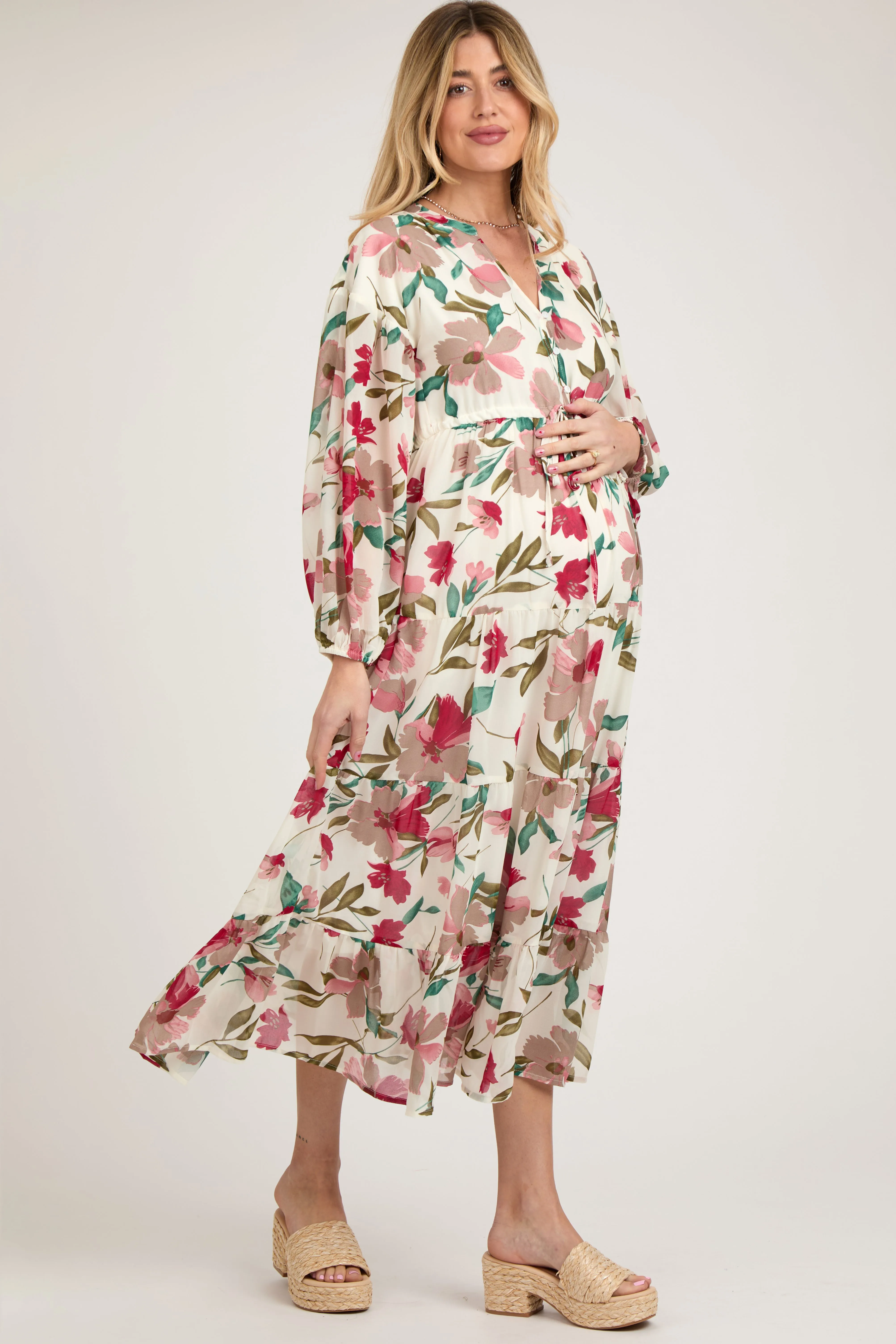 Ivory Floral Button Front Waist Tie Maternity Midi Dress sold by Pinkblush product image thumbnail 3