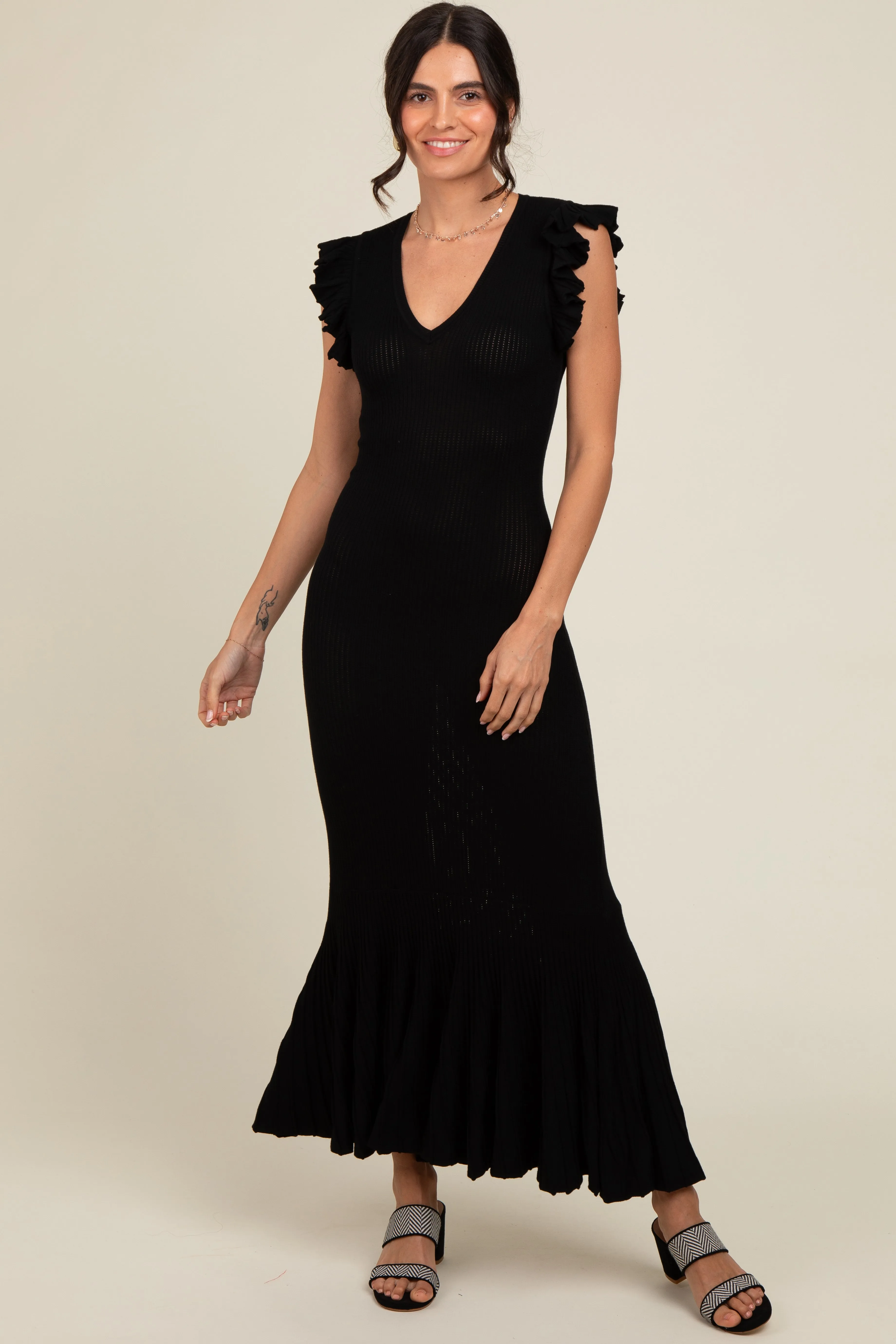 Black Ruffle Sleeve Mermaid Hem Midi Dress sold by Pinkblush