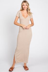 Beige Basic Ribbed Side Slit Midi Dress sold by Pinkblush