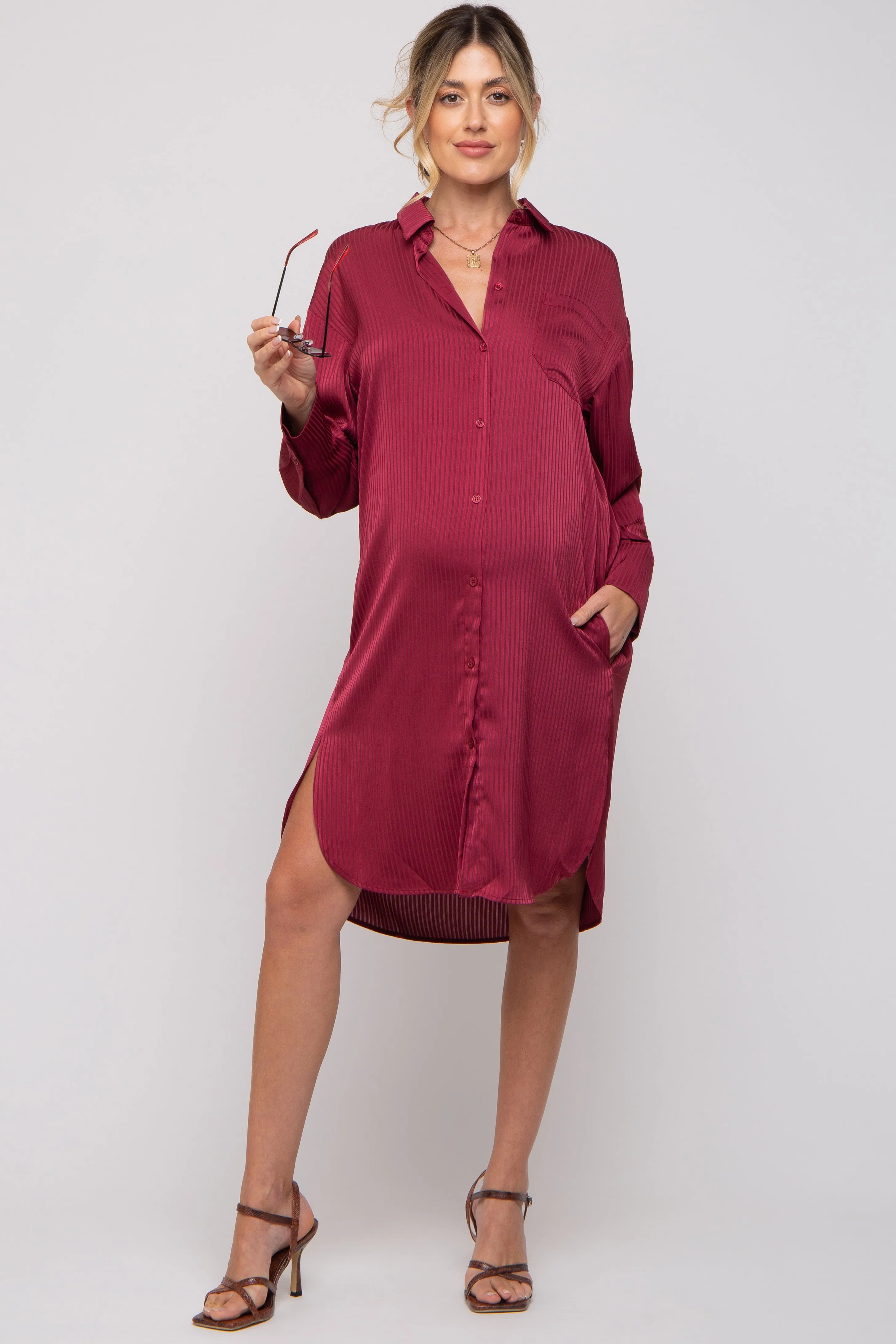 Red Striped Maternity Shirt Dress sold by Pinkblush
