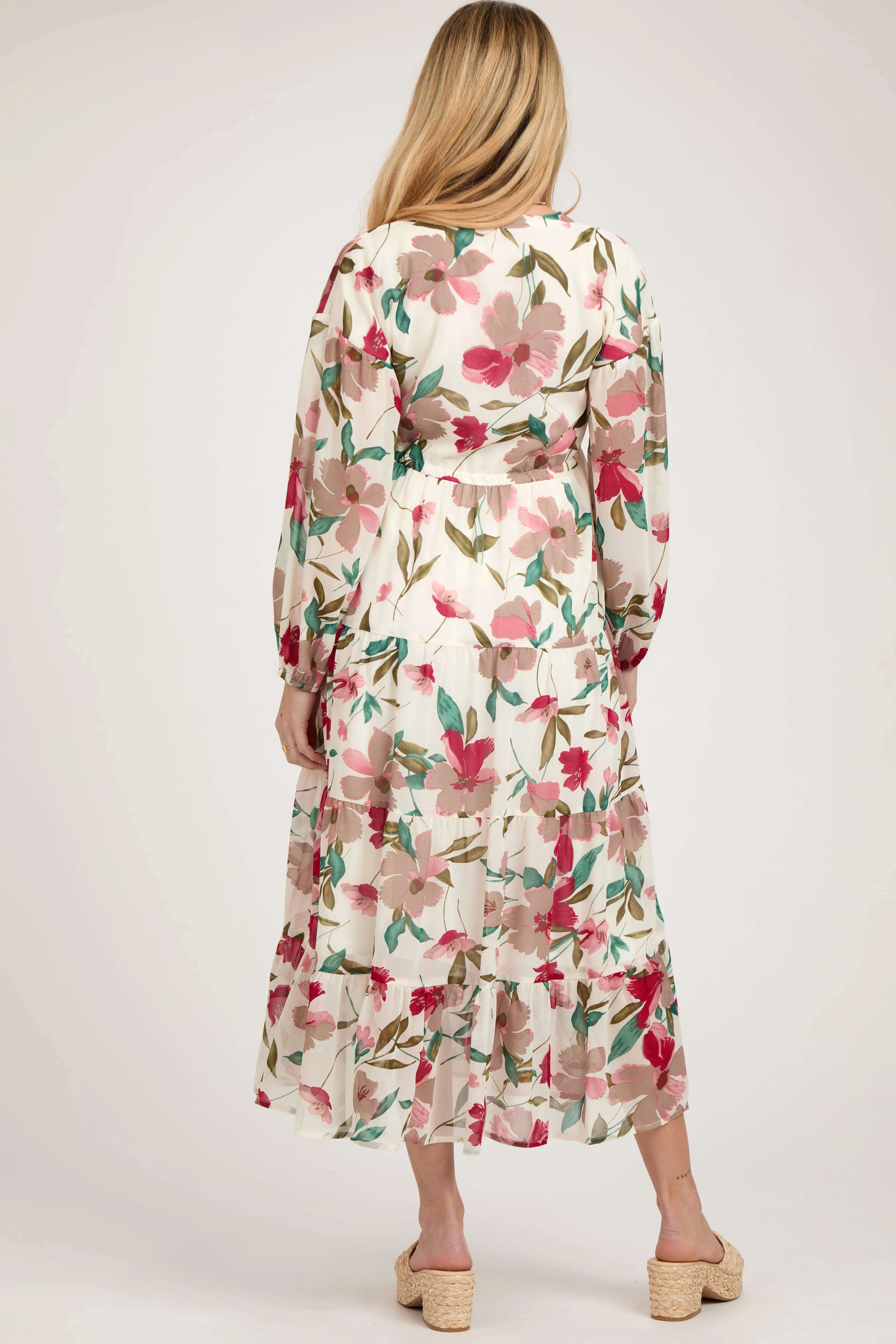 Ivory Floral Button Front Waist Tie Maternity Midi Dress sold by Pinkblush product image thumbnail 4