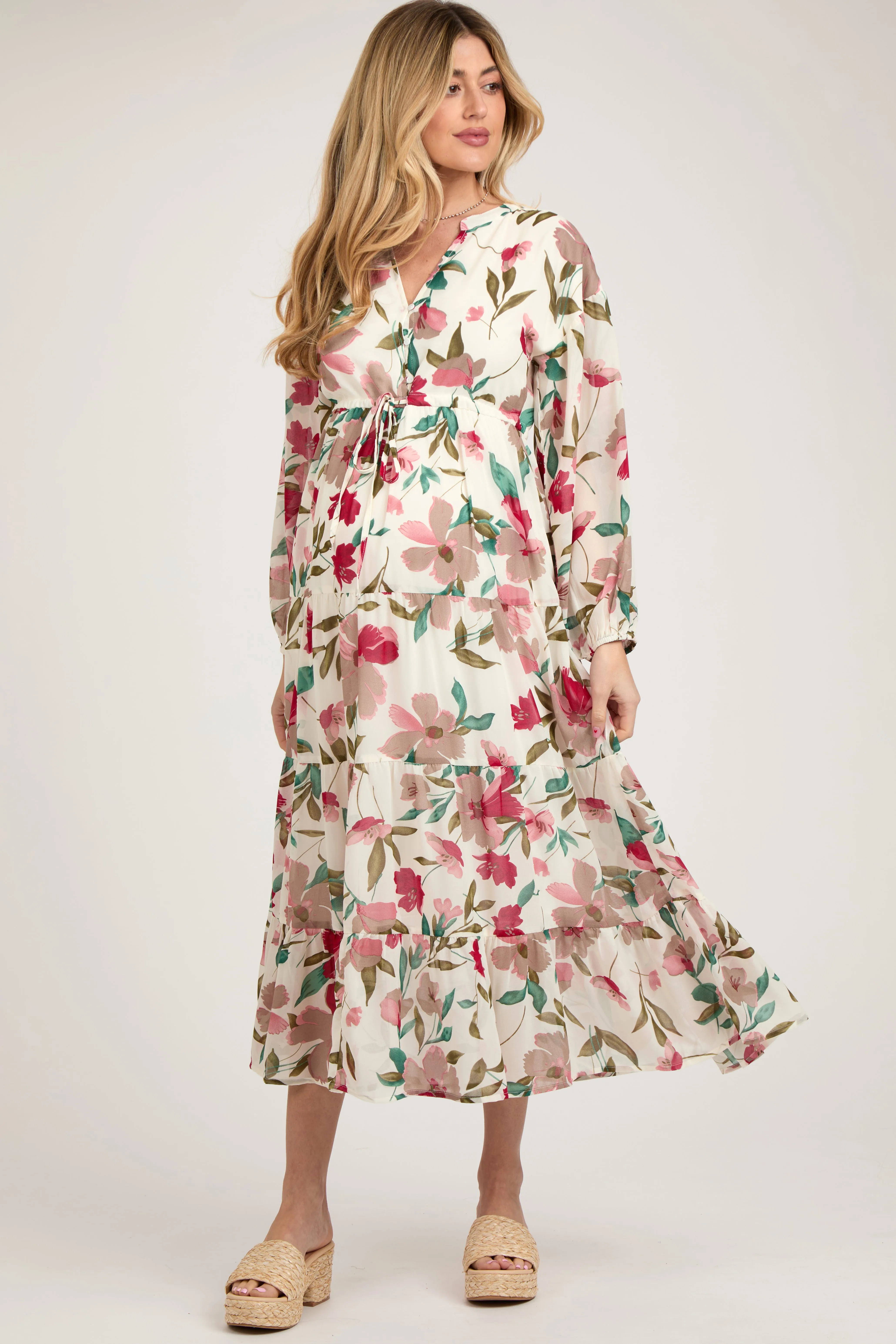 Ivory Floral Button Front Waist Tie Maternity Midi Dress sold by Pinkblush