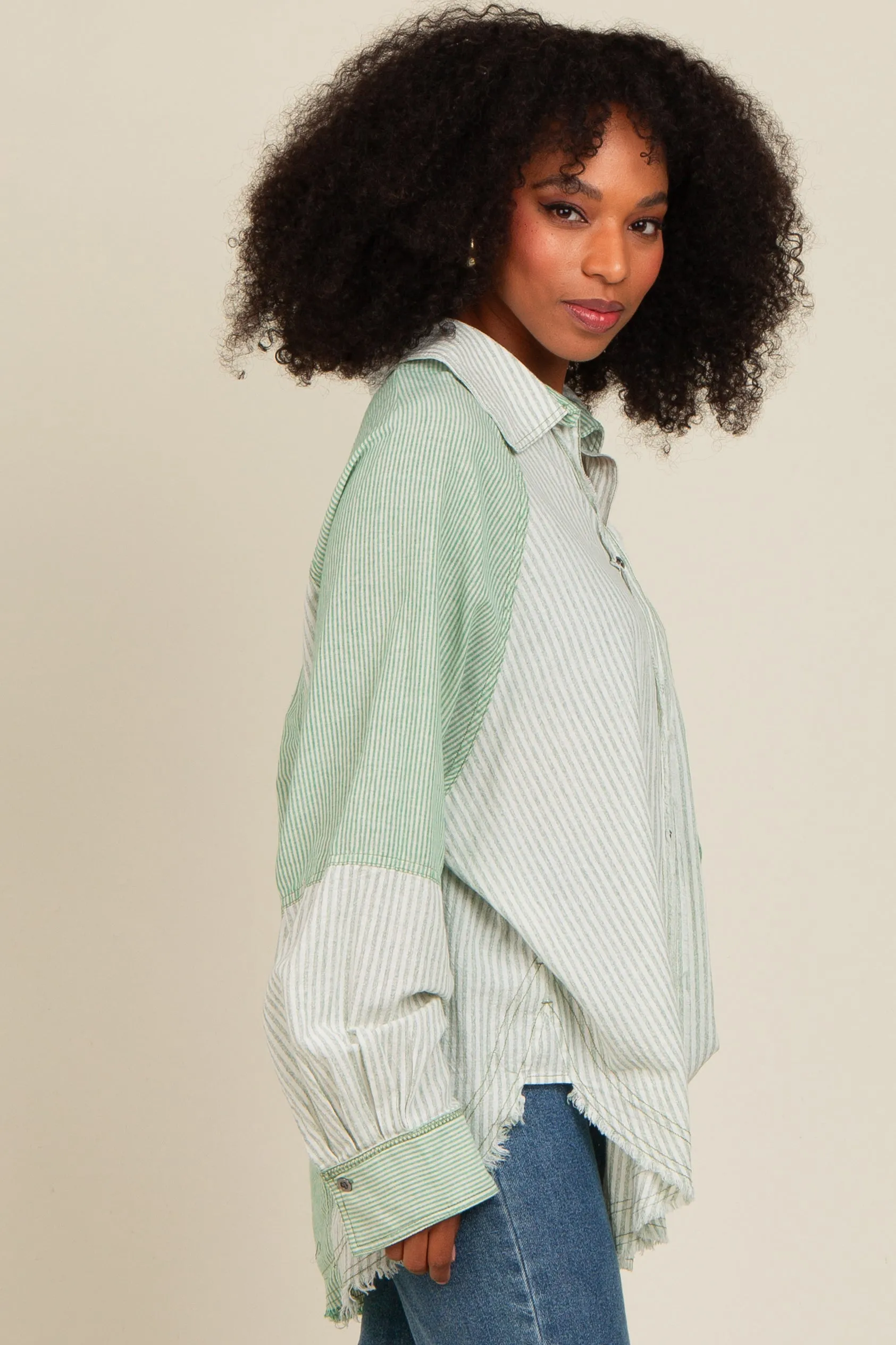 Light Olive Striped Button Down Oversized Long Sleeve Top sold by Pinkblush product image thumbnail 3