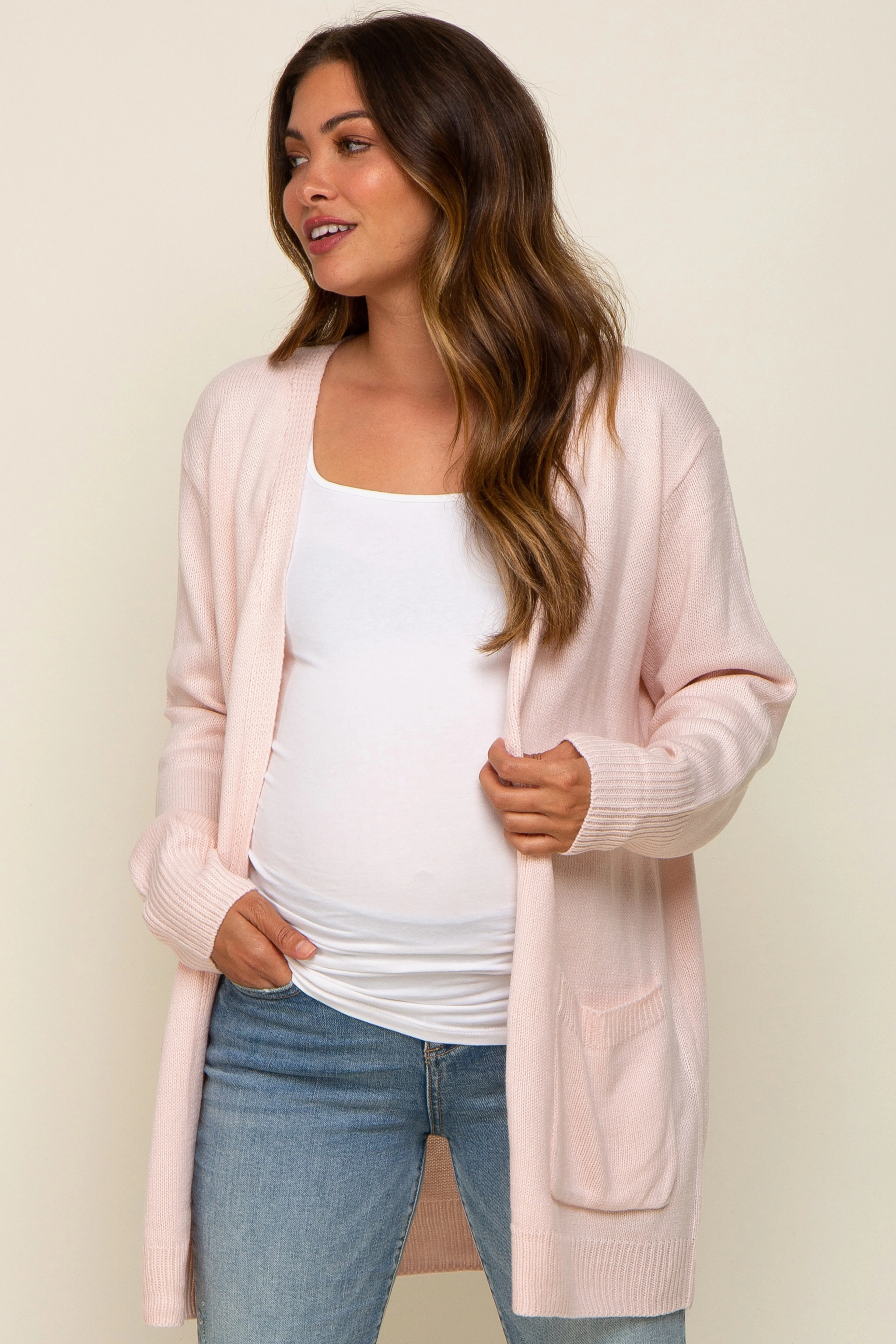 Light Pink Front Pocket Maternity Cardigan sold by Pinkblush