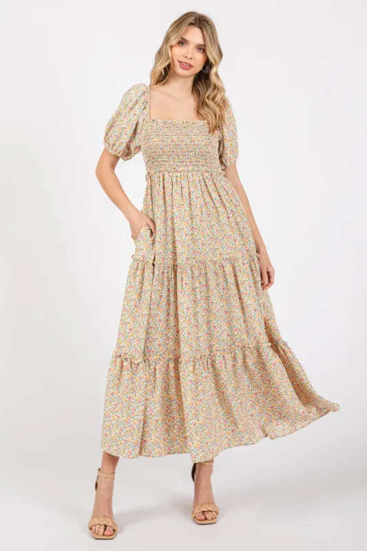 Cream Floral Smocked Tiered Puff Sleeve Maxi Dress sold by Pinkblush