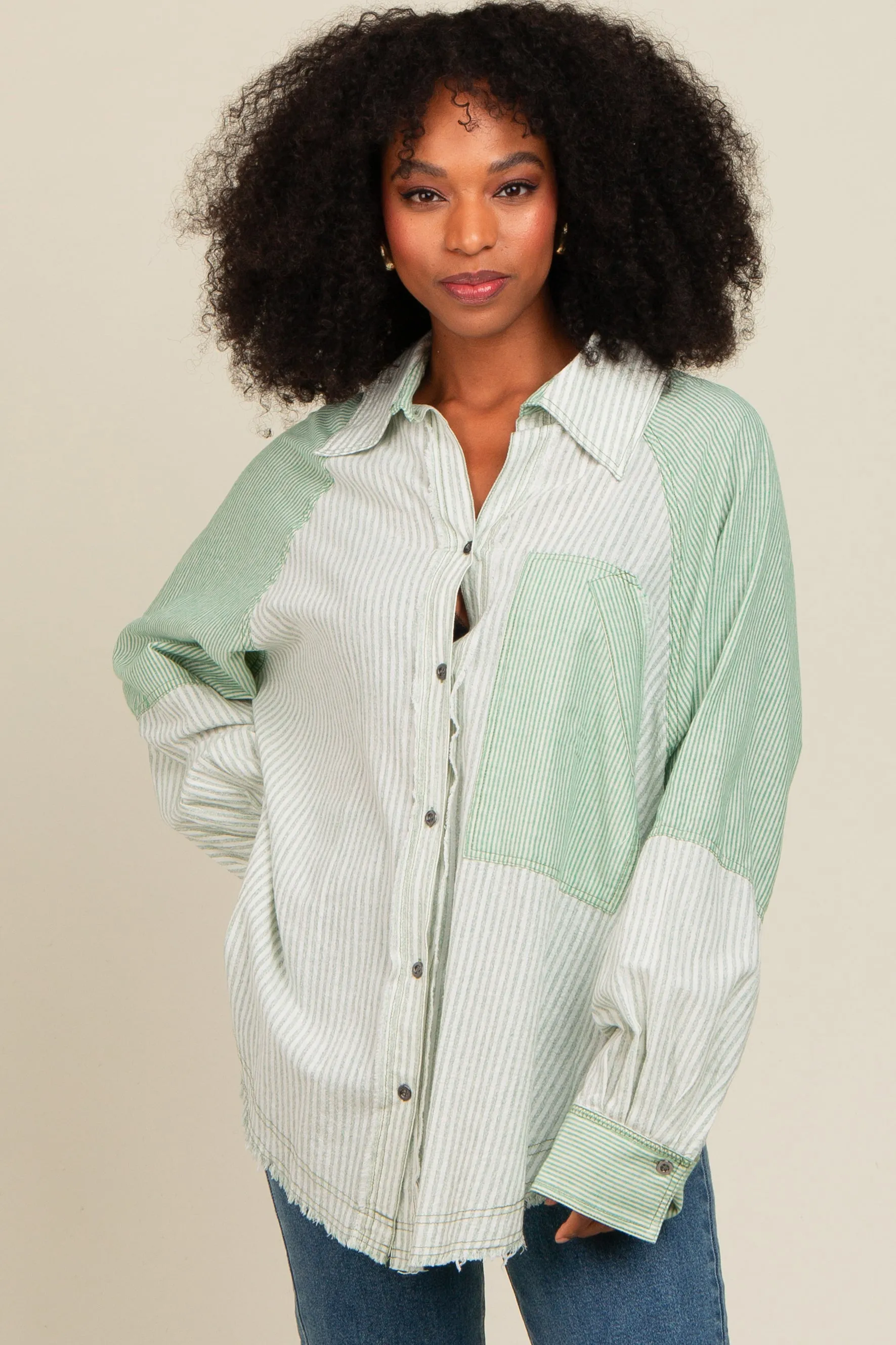 Light Olive Striped Button Down Oversized Long Sleeve Top sold by Pinkblush