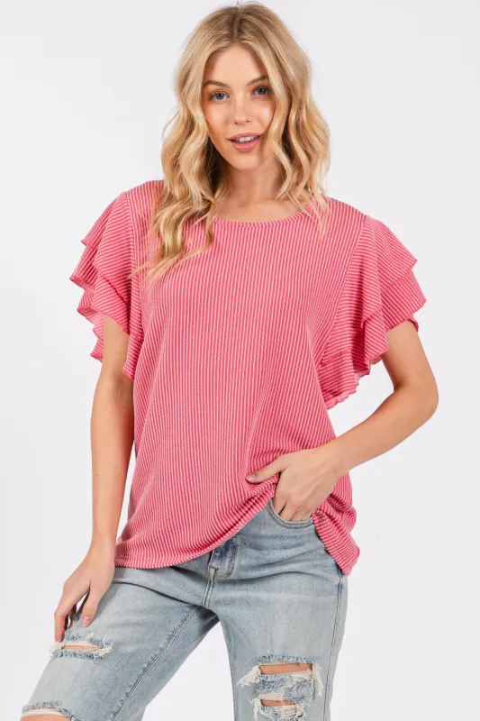 Fuchsia Ruffle Sleeve Ribbed Top sold by Pinkblush