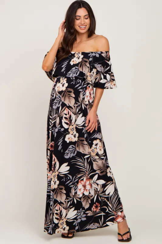Black Floral Flounce Off Shoulder Maternity Maxi Dress sold by Pinkblush