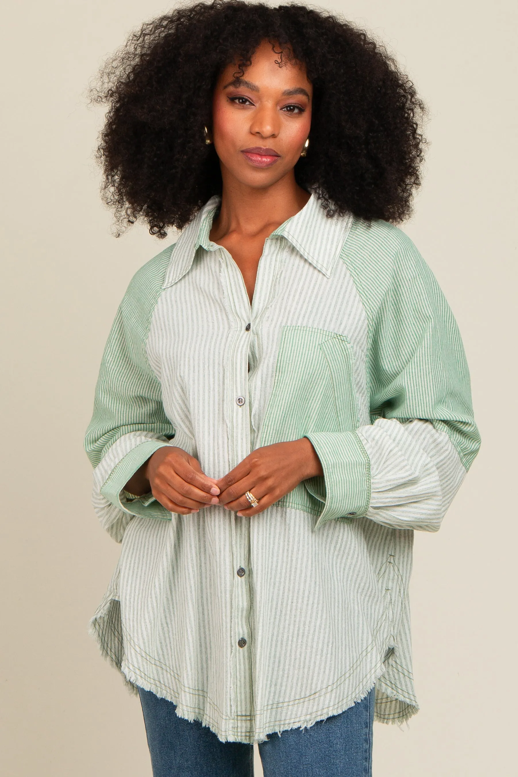 Light Olive Striped Button Down Oversized Long Sleeve Top sold by Pinkblush product image thumbnail 2