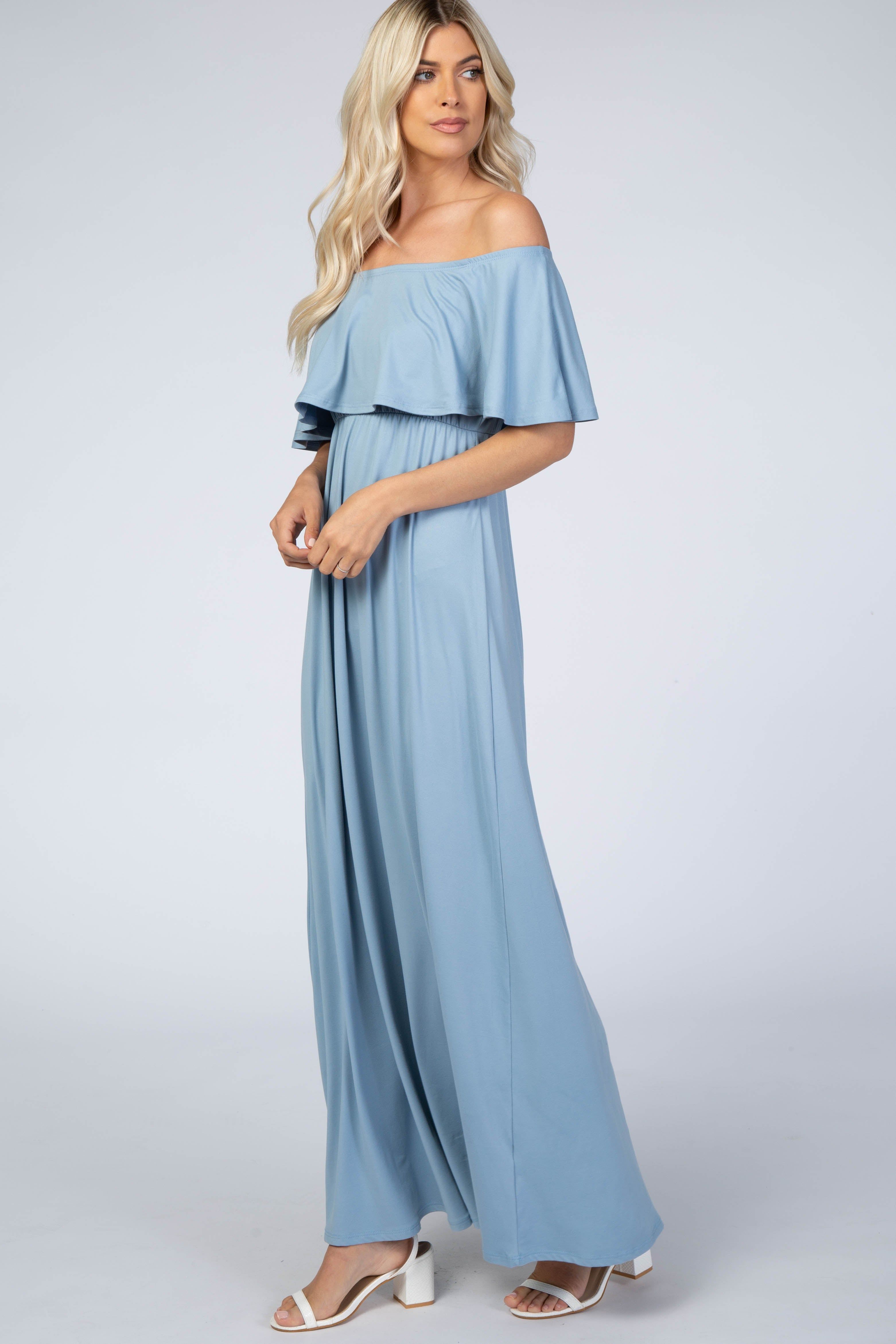 Light Blue Off Shoulder Maxi Dress sold by Pinkblush product image thumbnail 2