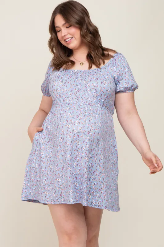 Blue Floral Short Puff Sleeve Maternity Dress sold by Pinkblush