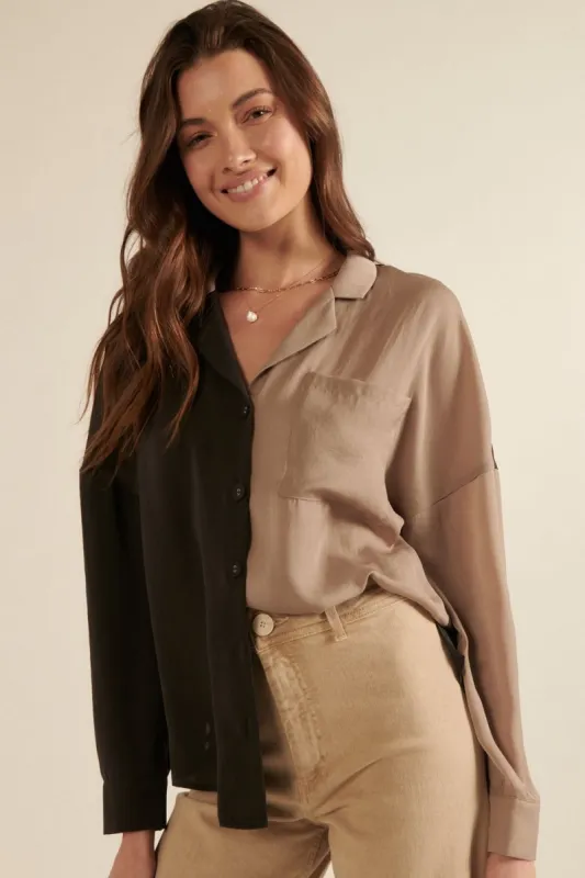 Charcoal Color Block Collar Neck Long Sleeves Shirt sold by Pinkblush
