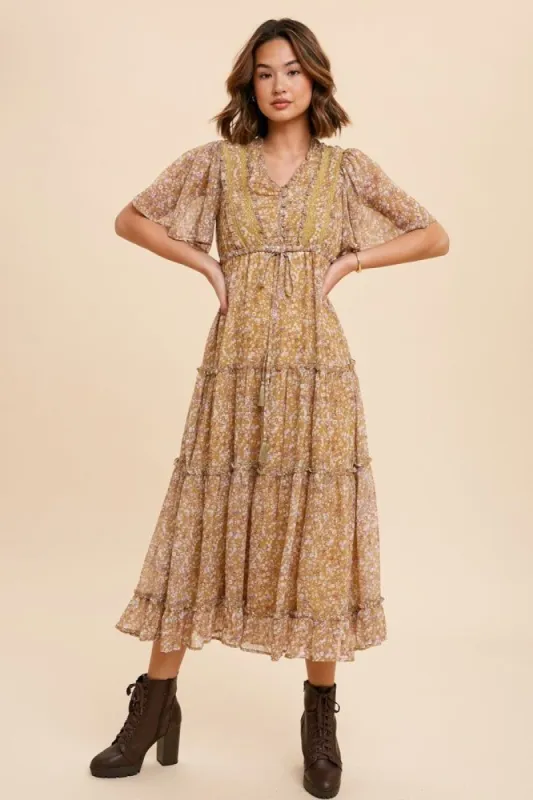 Yellow Floral Button Top Ruffle Tiered Midi Dress sold by Pinkblush