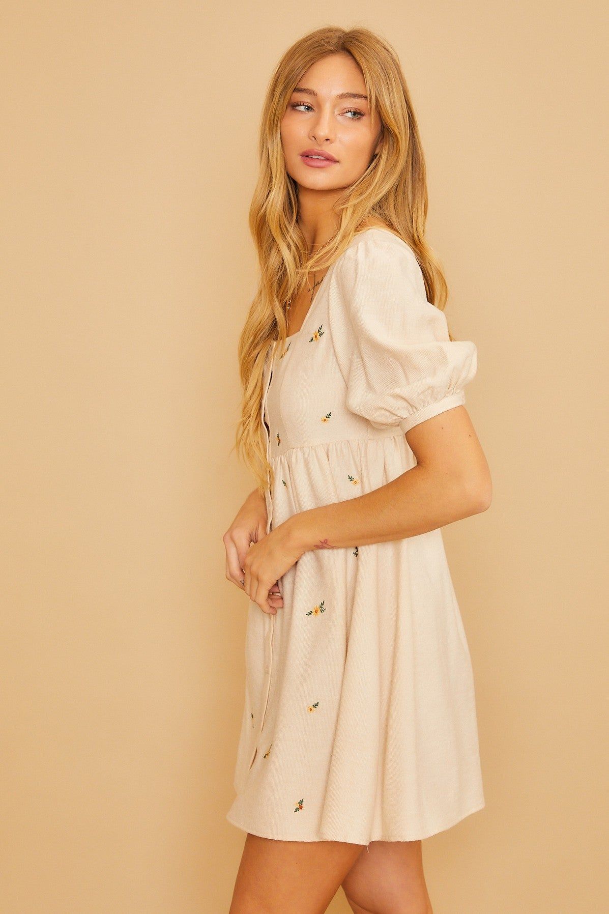 Cream Ribbed Button Front Flower Embroidered Dress sold by Pinkblush product image thumbnail 2