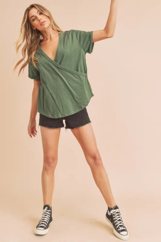 Light Olive Wrap Short Sleeve Raw Hem Top sold by Pinkblush