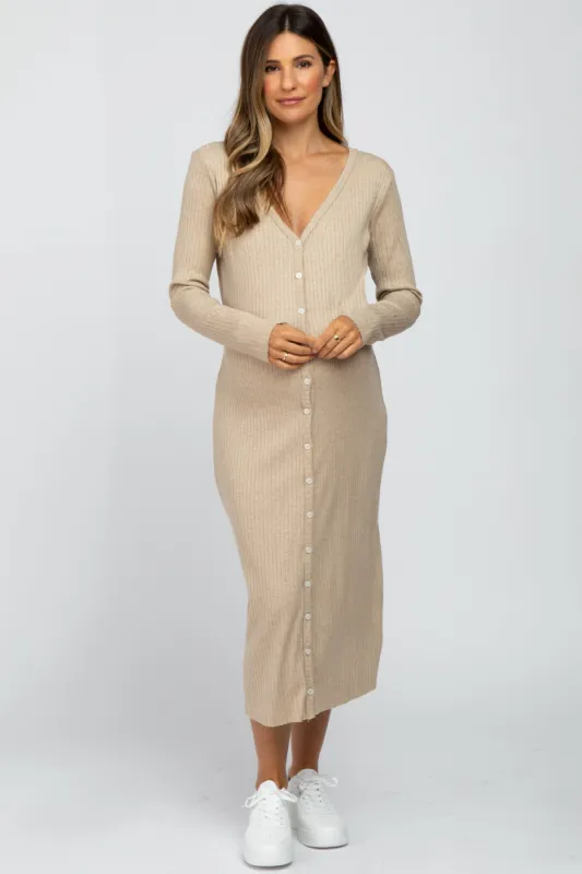 Beige Ribbed Button Front Midi Cardigan Maternity Dress sold by Pinkblush
