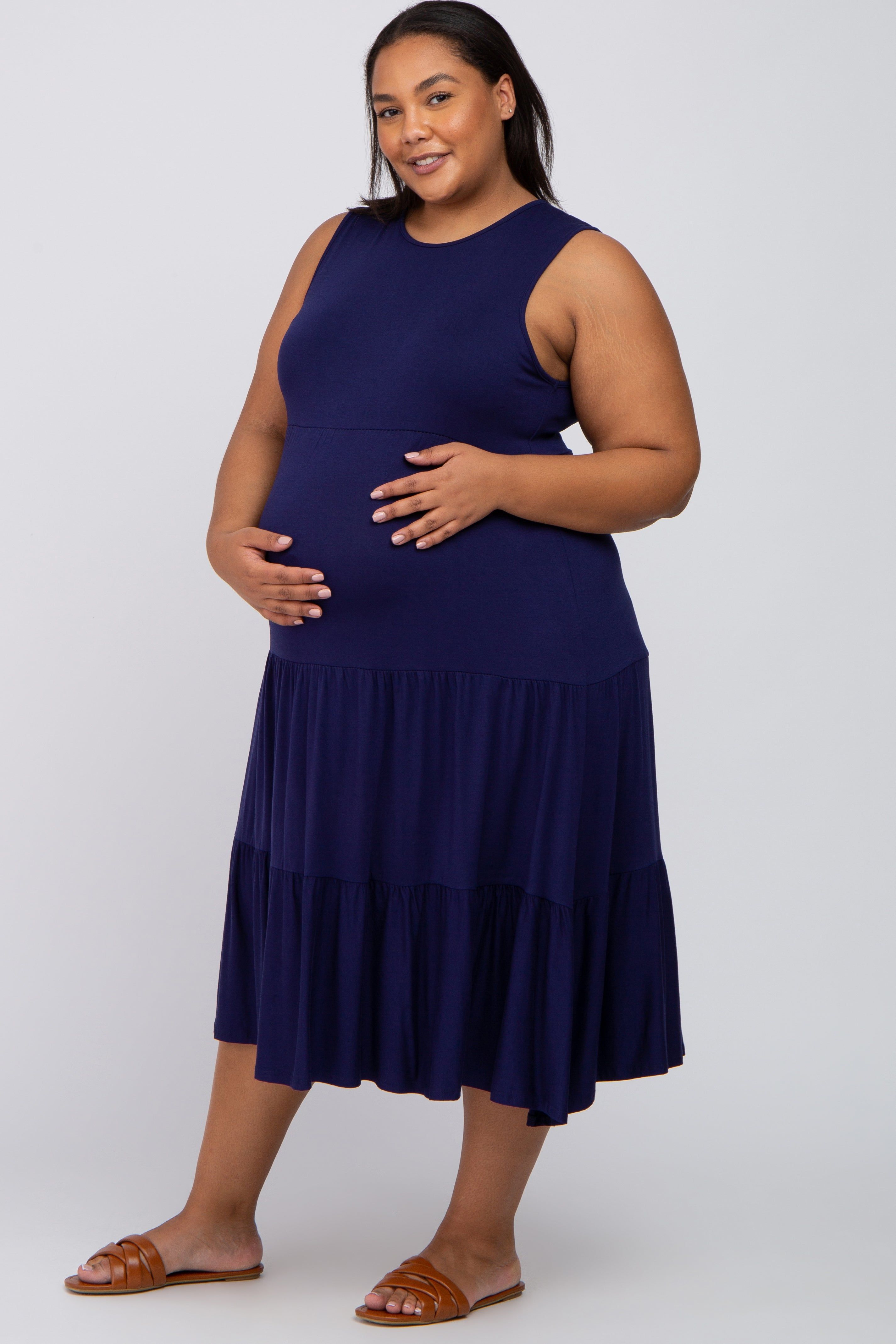Navy Tiered Sleeveless Maternity Plus Midi Dress sold by Pinkblush product image thumbnail 2