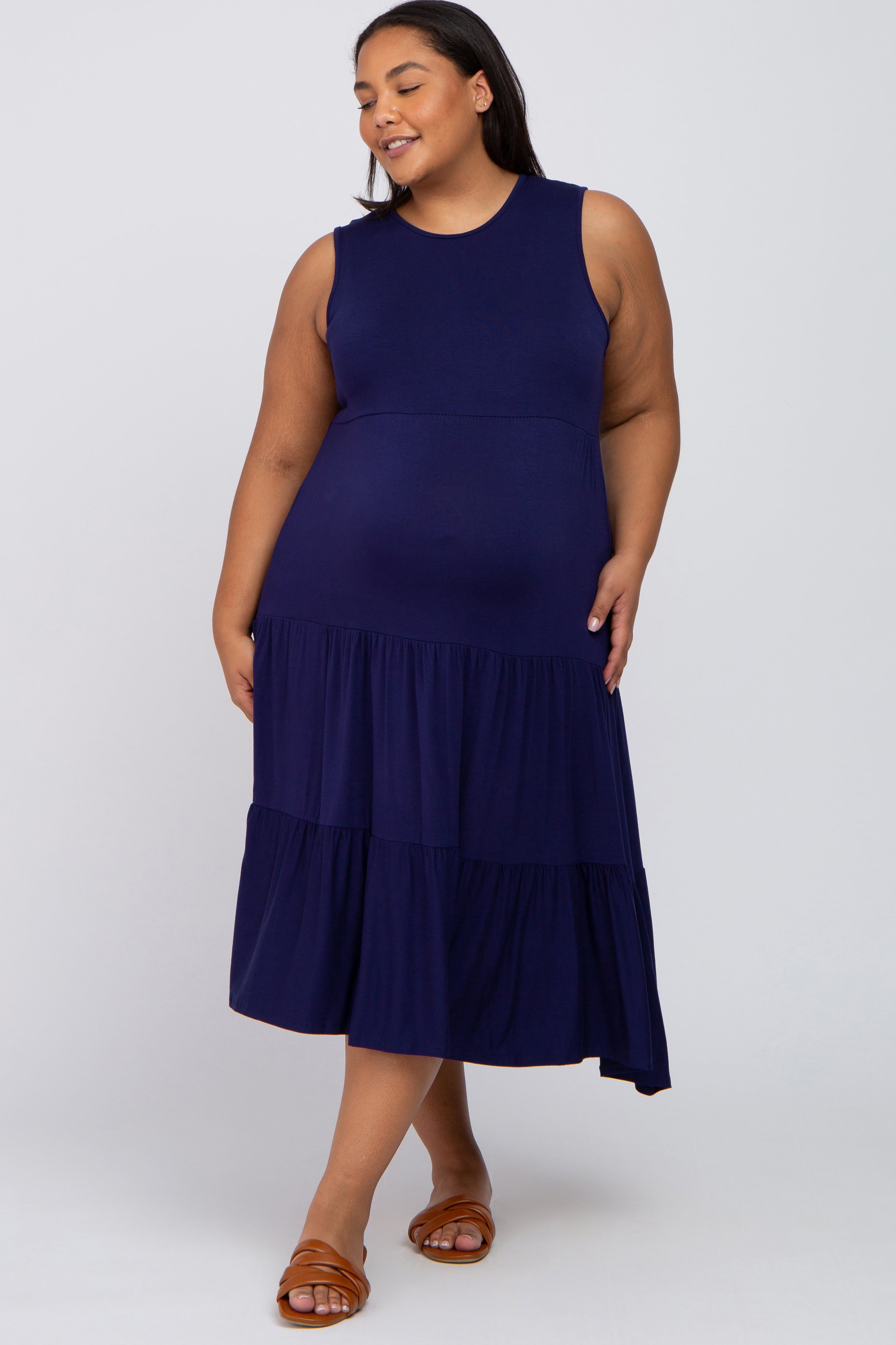 Navy Tiered Sleeveless Maternity Plus Midi Dress sold by Pinkblush