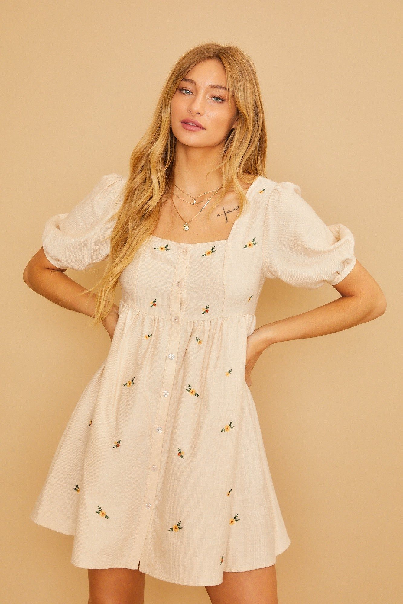 Cream Ribbed Button Front Flower Embroidered Dress sold by Pinkblush