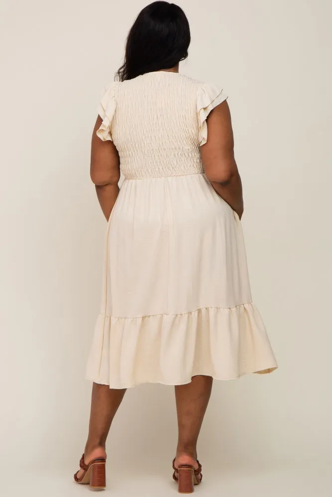 Beige Smocked Layered Ruffle Flutter Sleeve Plus Midi Dress sold by Pinkblush product image thumbnail 3