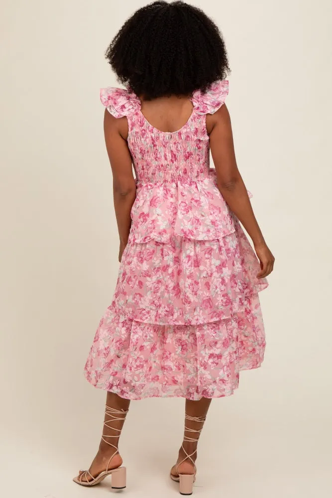 Pink Floral Smocked Tiered Layered Midi Dress sold by Pinkblush product image thumbnail 4