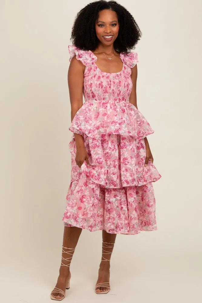 Pink Floral Smocked Tiered Layered Midi Dress sold by Pinkblush