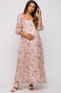 Ivory Floral Chiffon Square Neck Maternity Midi Dress sold by Pinkblush