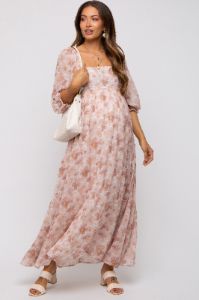 Ivory Floral Chiffon Square Neck Maternity Midi Dress sold by Pinkblush