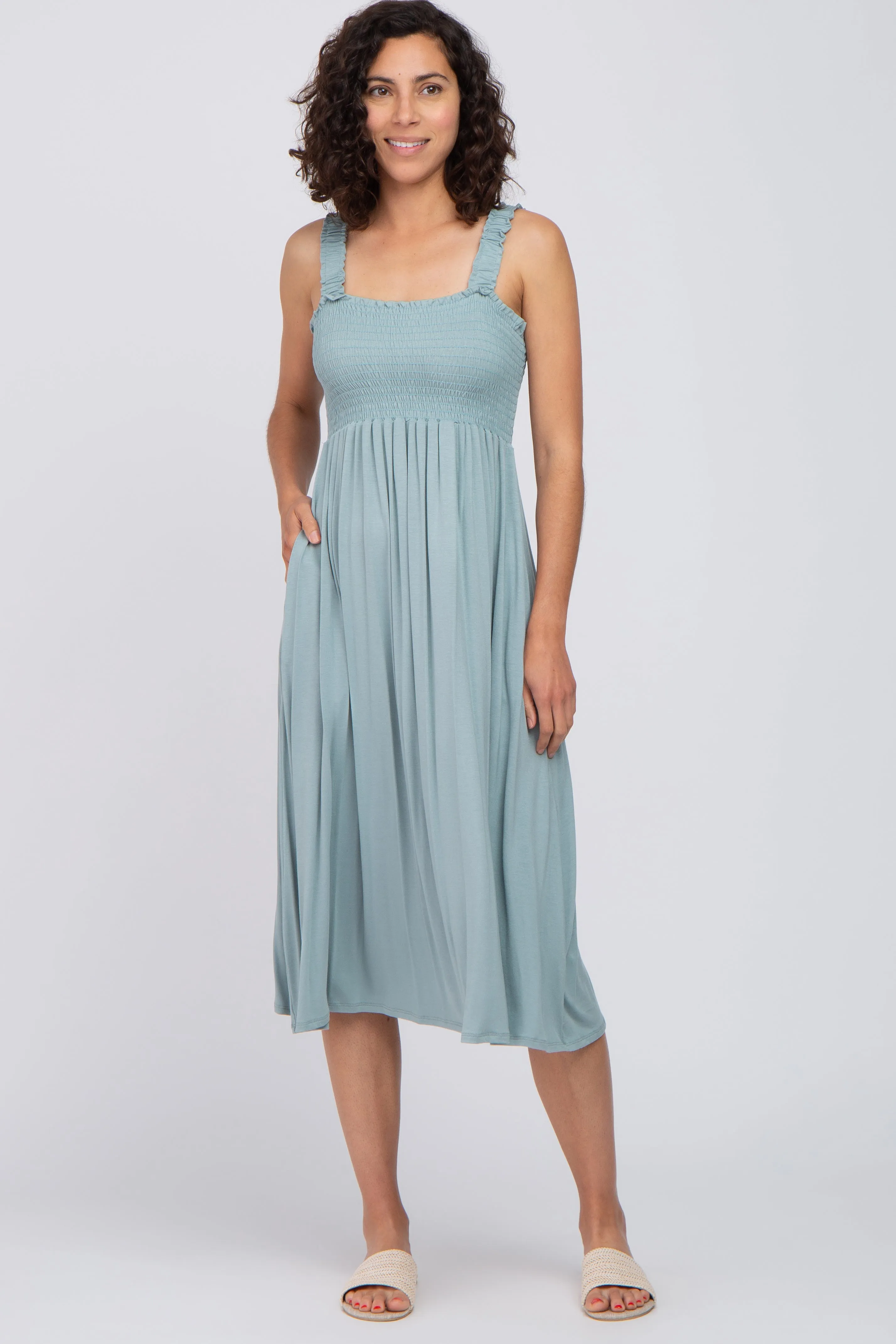 Light Blue Smocked Ruffle Strap Maternity Midi Dress sold by Pinkblush product image thumbnail 4