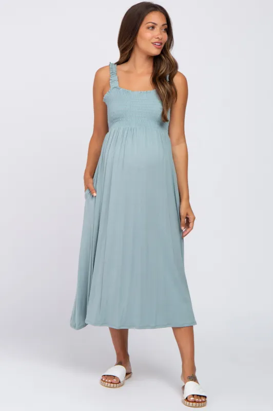 Light Blue Smocked Ruffle Strap Maternity Midi Dress sold by Pinkblush