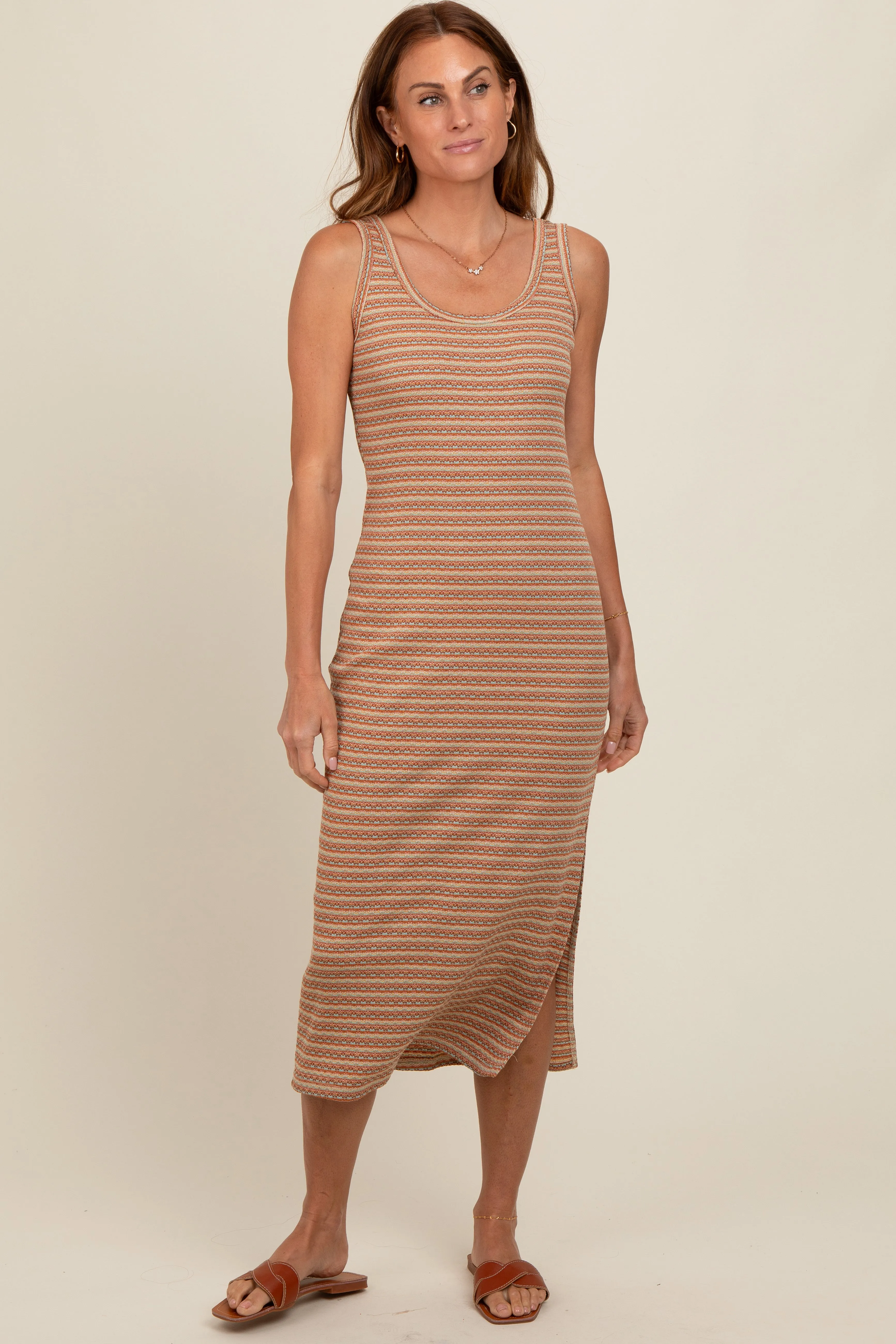 Rust Striped Sleeveless Midi Dress sold by Pinkblush