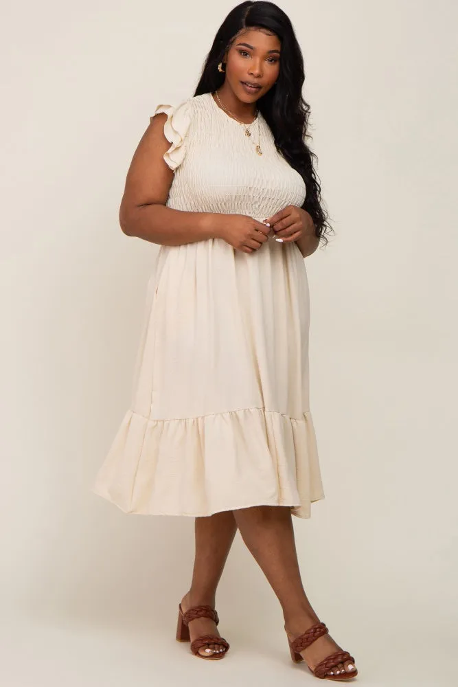 Beige Smocked Layered Ruffle Flutter Sleeve Plus Midi Dress sold by Pinkblush