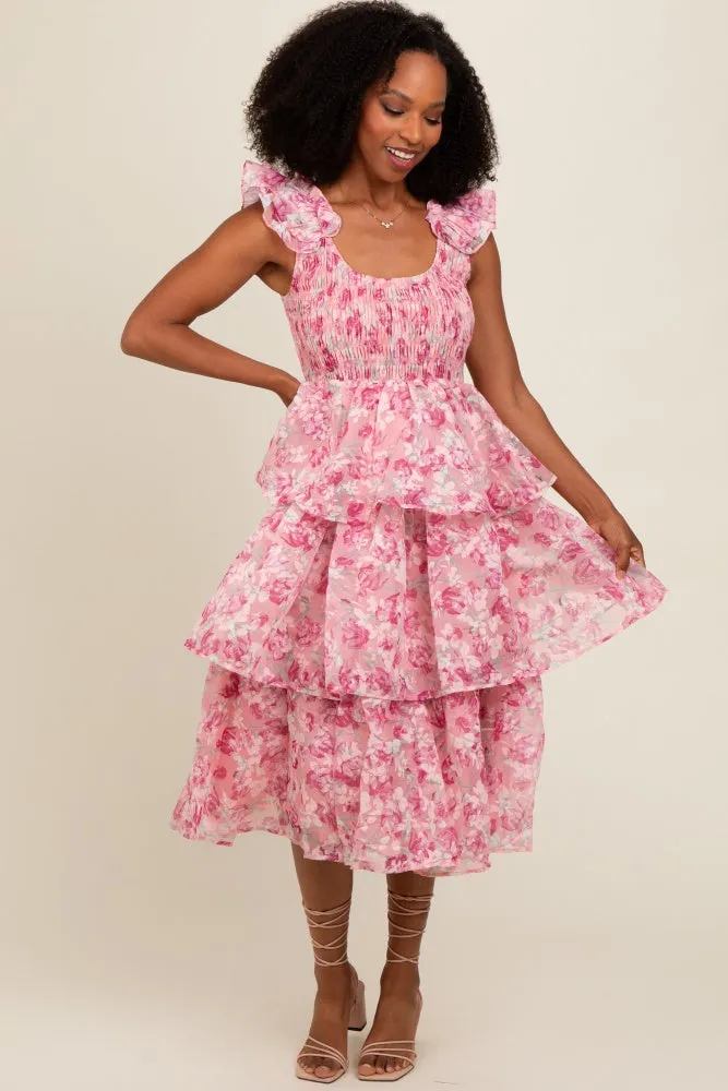 Pink Floral Smocked Tiered Layered Midi Dress sold by Pinkblush product image thumbnail 2