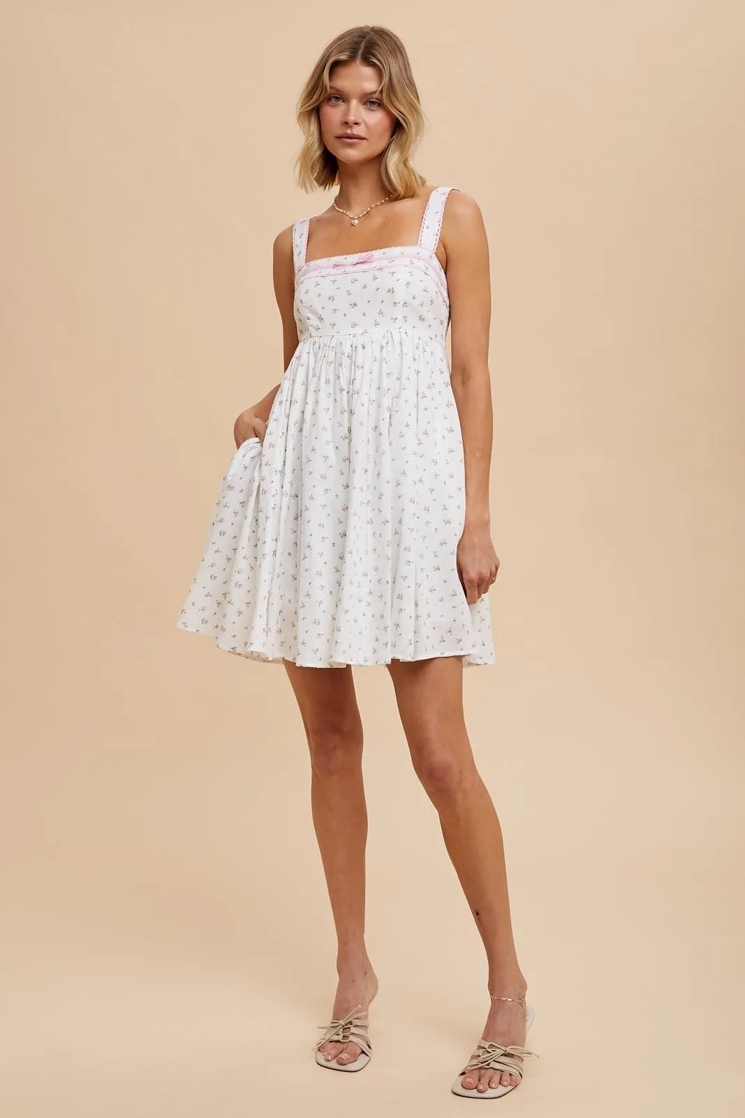 Light Pink Floral Bow Detail Mini Dress sold by Pinkblush product image thumbnail 4